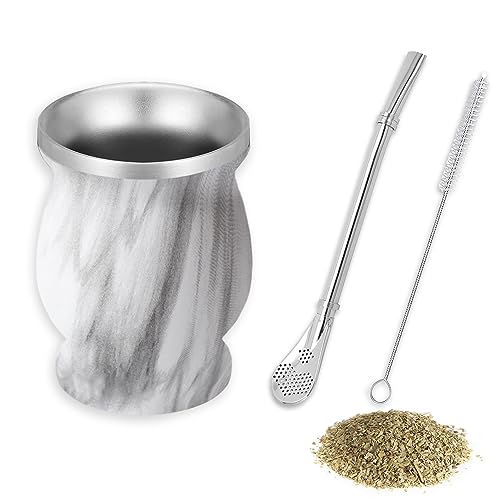 thirei Mate Tee Set, 230ML Mate Becher, Mit Strohhalm und Reinigungsbürste, Geeignet für Küche, Restaurant, Café, Marmor von thirei