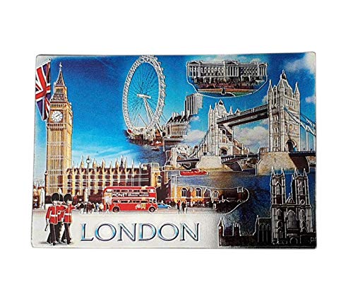 Kühlschrankmagnet mit Fotocollage, Motiv: London, blauer Himmel, Big Ben, Tower Bridge, Westminster Abbey, roter Doppeldeckerbus, Royal Guard, Union Jack, britisches Souvenir aus England von thomas benacci