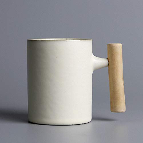 THUMBGEEK Japanischer Vintage-Kaffeebecher mit Holzgriff aus Keramik für Zuhause und Büro (Weiß-A) von thumbgeek