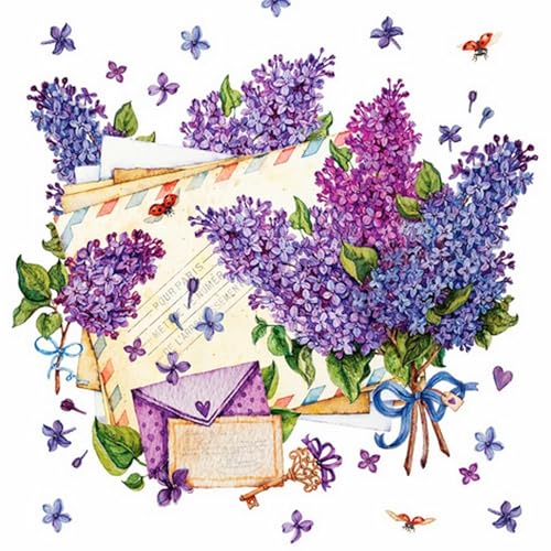 20 Servietten Blumen, Garten & Natur Flieder auf Briefe als Tischdeko. Papierservietten mit Motiv. Auch für Decoupage und Serviettentechnik 33x33cm von ti-flair