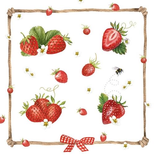 20 Servietten Essen & Trinken Erdbeeren im Rahmen als Tischdeko. Papierservietten mit Motiv. Auch für Decoupage und Serviettentechnik 33x33cm von ti-flair