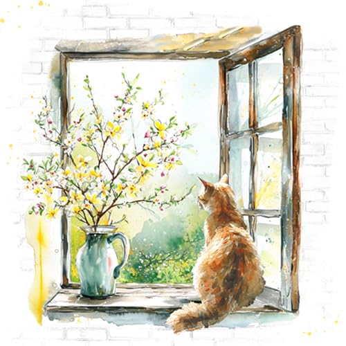 20 Servietten Natur Katze am Gartenfenster als Tischdeko. Papierservietten mit Motiv. Auch für Decoupage und Serviettentechnik 33x33cm von ti-flair