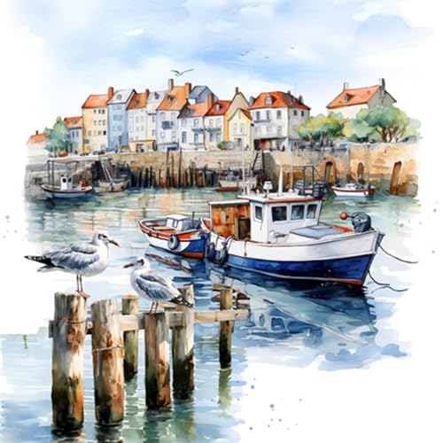 Servietten Papier 33x33cm 3-lagig 20 Stück - hochwertig & nachhaltig - Einweg Papierservietten für Feier Geburtstag Hochzeit Party Tischdeko Maritime Deko Boote im Hafen Möwen Küstenlandschaft von ti-flair