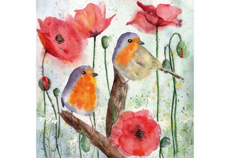 ti-flair Papierserviette, Servietten Papier 33x33cm 3-lagig Rotkehlchen und Mohnblumen 20 Stück von ti-flair