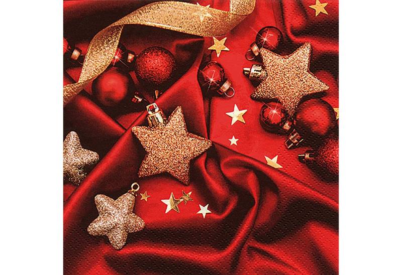 ti-flair Papierserviette, Servietten Papier 33x33cm Weihnachtskugeln auf roter Seide 20 Stück von ti-flair