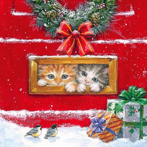 ti-flair Servietten Papier 33x33cm 20 Stück mit Katzen Motiv - hochwertig & nachhaltig - Einweg Weihnachtsservietten 3-lagig - Papierservietten für Weihnachten Gastronomie Alltag - Rot Bunt von ti-flair