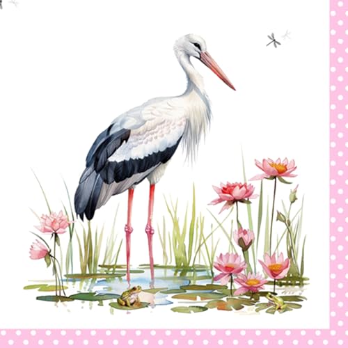 ti-flair Servietten Papier 33x33cm 3-lagig 20 Stück - hochwertig & nachhaltig - Einweg Geburtstagsservietten - Papierservietten für Taufe Geburt Gastronomie Alltag - Storch & Naturmotiv Weiß Hellrosa von ti-flair