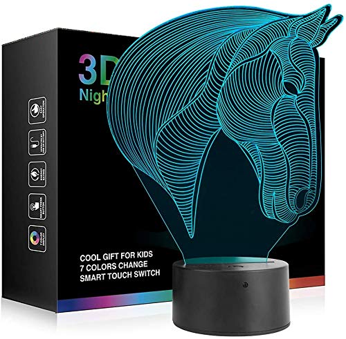 Pferd 3D Illusions Lampe,7 Farben ändern Beleuchtung mit Fernbedienung, Berühren USB Ladung Tisch Schreibtisch Schlafzimmer Dekoration, Coole Geschenke Ideen für Kinder Geburtstag,Valentinstag von yiyicas