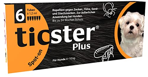 TICSTER Plus Spot-on für Hunde von 4 - 10 kg, Floh und Zeckenmittel (Lösung zum Auftropfen, auch gegen Sand- & Stechmücken, Zeckenschutz bis zu 4 Wochen, Insektenschutz für Hunde, Inhalt: 6x 1,2ml) von TICSTER