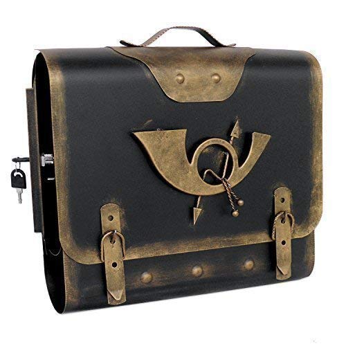 Briefkasten Alter Ranzen Posthorn Antik-Look Design Schultasche Wandbriefkasten mit Zeitungsrolle abschließbar Handarbeit robust und praktisch Farbe: Schwarz-Gold | Entnahme: Links von tierlando