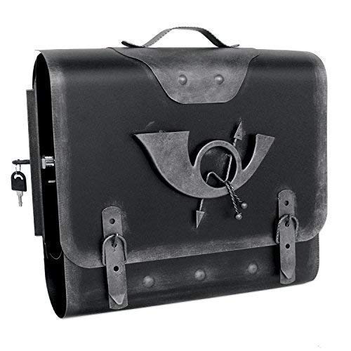 Briefkasten Alter Ranzen Posthorn Antik-Look Design Schultasche Wandbriefkasten mit Zeitungsrolle abschließbar Handarbeit robust und praktisch Farbe: Schwarz-Silber | Entnahme: Links von tierlando