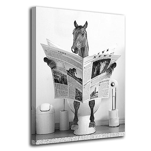 Lustiges Pferd Badezimmer Leinwand Wandkunst Schwarz und Weiß Lustiges Bild Bauernhaus Badezimmer Wanddekoration Pferd sitzt auf Toilette Lesen Zeitung Badezimmer Kunstwerk Pferd Kunst fertig zum von tigeridge