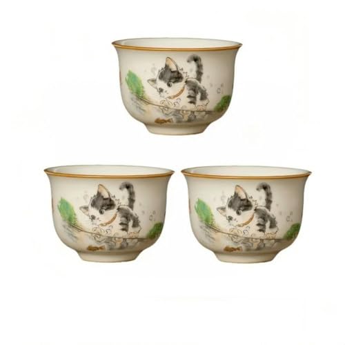 tiliuoe Ru Yao Teetasse mit niedlicher Katze, 65 ml, Keramiköffnung, schöne Teetasse, Blumen, Kung-Fu-Tee-Set, 3 Stück von tiliuoe