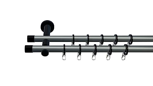 tilldekor Gardinenstange nach Maß, Andrax, 2-lauf, Silber-schwarz 20 mm Durchmesser, Wunschmaßlänge 170 cm inkl. Trägern,Endstücken, Ringen und Faltenlegehaken von tilldekor