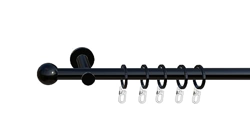 tilldekor Gardinenstange nach Maß, Formentor, 1-lauf, Schwarz 20 mm Durchmesser, Wunschmaßlänge 130 cm inkl. Trägern,Endstücken, Ringen und Faltenlegehaken von tilldekor