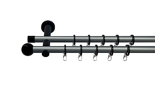 tilldekor Gardinenstange nach Maß, Formentor 2lauf, silber-schwarz, 16 mm Durchmesser, Wunschmaßlänge 180 cm inkl. Trägern, Endstücken, Ringe und Faltenlegehaken von tilldekor