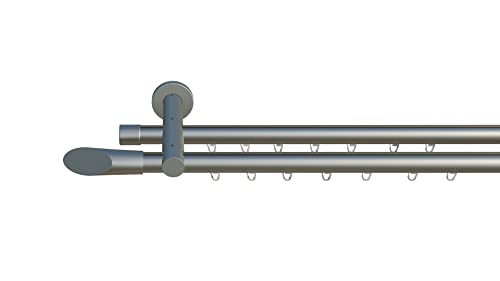 tilldekor Innenlauf Gardinenstange nach Maß, Marbella 2-läufig Silber-Matt, 16mm Durchmesser, auf Maß gefertigt, 130 cm, inkl. Trägern und Endstücken von tilldekor