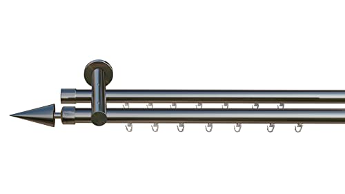 tilldekor Innenlauf Gardinenstange nach Maß, Milano 2-läufig Edelstahl-Optik, 16mm Durchmesser, auf Maß gefertigt, 260 cm, inkl. Trägern und Endstücken von tilldekor