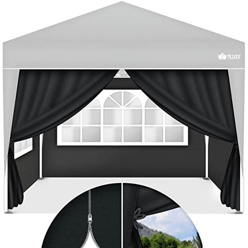 tillvex® 4X Seitenwand für Pavillon 3x3m | Faltpavillon Seitenteile wasserabweisend | Seitenfenster & Reißverschluss | Seitenwände für Gartenzelt Partyzelt von tillvex