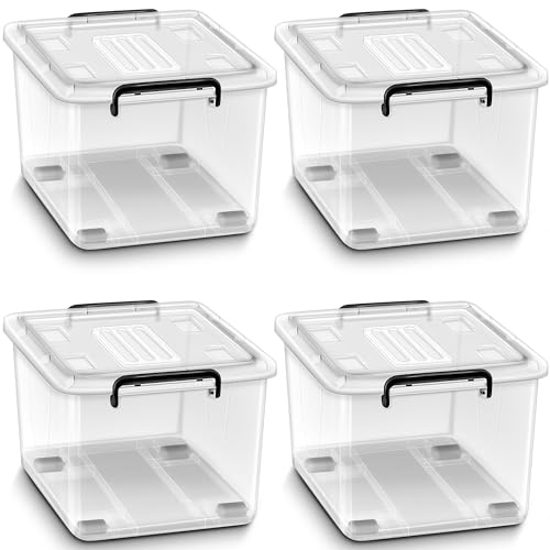 tillvex® Aufbewahrungsboxen mit Deckel 4er Set - 13 Liter, lebensmittelecht | Kunststoff Boxen Set stapelbar | Aufbewahrung Ordnungssystem Box groß | Aufbewahrungsbox Kleiderboxen 100% Neumaterial von tillvex