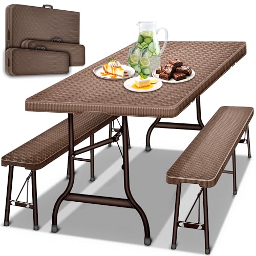 tillvex® Bierzeltgarnitur klappbar 3-teilig Set | Kunststoff Gartengarnitur wetterfest 180 cm | Gartenmöbel Set Indoor & Outdoor mit Gartentisch und Bänken | Festzeltgarnitur Rattan (Rattan/Braun) von tillvex