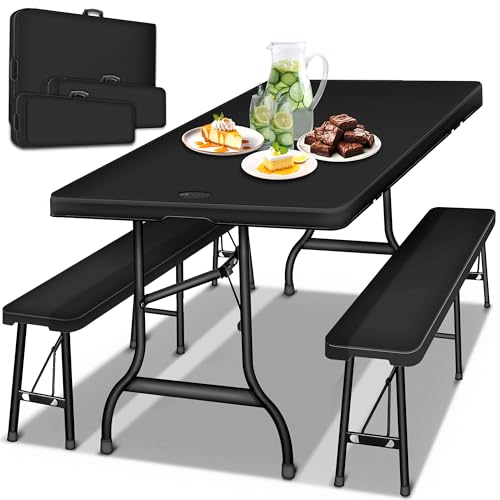 tillvex® Bierzeltgarnitur klappbar 3er Set für 8 Personen | 2X Bierbank + 1x Biertisch | Kunststoff Gartengarnitur wetterfest 180cm | Gartenmöbel Indoor & Outdoor mit Gartentisch & Bänken (Schwarz) von tillvex