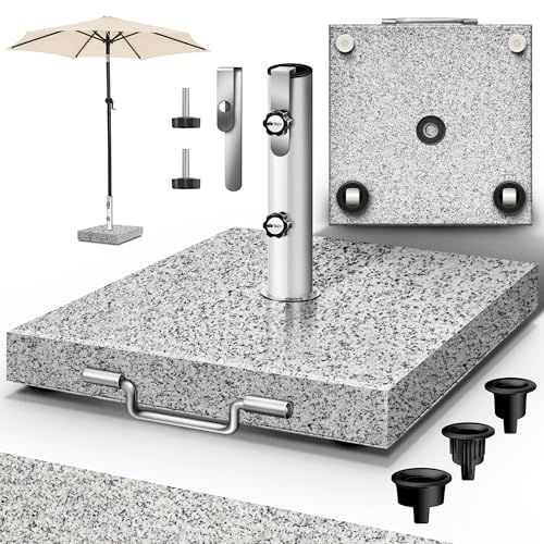 tillvex® Granit Sonnenschirmständer mit Rollen & Transportgriff 27 kg Eckig | Schirmständer Sonnenschirm mit Edelstahlrohr | Balkonschirmständer für Schirmstöcke 16-48 mm & 250 cm Schirmdurchmesser von tillvex