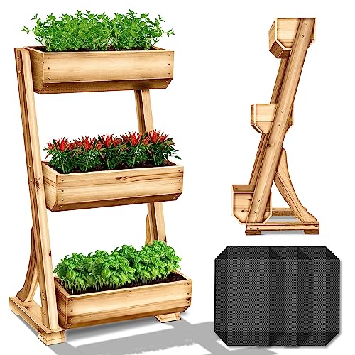 tillvex® Hochbeet aus Holz mit 3 Etagen | Premium Blumenkasten mit Gartenvlies | Blumentreppe Pflanztreppe für Terrasse Balkon & Garten | Gemüsebeet Kräuterbeet Frühbeet Blumenbeet von tillvex