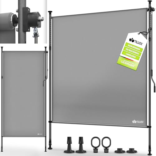 tillvex® Klemmmarkise Senkrechtmarkise 150x310cm Grau mit Handkurbel ohne Bohren | Sichtschutz Ausziehbar & Blickdicht | Vertikalmarkise Balkon Terrasse Garten | Sichtschutzrollo Wetterfest von tillvex