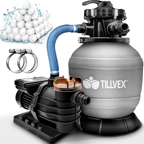 tillvex® Sandfilteranlage Pool 13.200L/h bis 40.000L + 1200g Filterbälle | Filteranlage 7-Wege Ventil & 2in1 Adapter Ø32-38mm | Poolfilter Selbstansaugend | Sandfilter Schwimmbecken (Grau) von tillvex