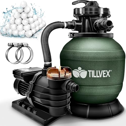 tillvex® Sandfilteranlage Pool 13.200L/h bis 40.000L + 1200g Filterbälle | Filteranlage 7-Wege Ventil & 2in1 Adapter Ø32-38mm | Poolfilter Selbstansaugend | Sandfilter Schwimmbecken (Grün) von tillvex