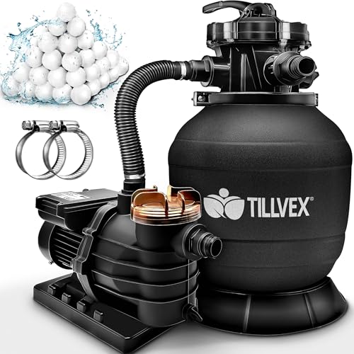 tillvex® Sandfilteranlage Pool 13.200L/h bis 40.000L + 1200g Filterbälle | Filteranlage 7-Wege Ventil & 2in1 Adapter Ø32-38mm | Poolfilter Selbstansaugend | Sandfilter Schwimmbecken (Schwarz) von tillvex