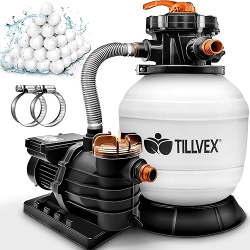 tillvex® Sandfilteranlage Pool 13.200L/h bis 40.000L + 1200g Filterbälle | Filteranlage 7-Wege Ventil & 2in1 Adapter Ø32-38mm | Poolfilter Selbstansaugend | Sandfilter Schwimmbecken (Weiß/Orange) von tillvex