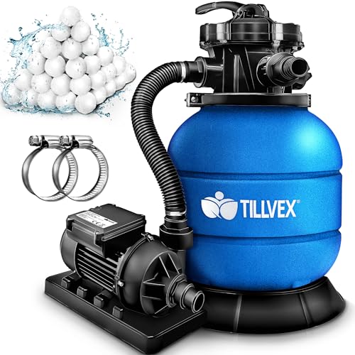 tillvex® Sandfilteranlage Pool 7.900L/h inkl. 400g Filterbälle | Filteranlage 7-Wege Ventil & 2in1 Adapter Ø32mm - 38mm | Poolfilter mit Druckanzeige | Sandfilter für Schwimmbecken (Blau) von tillvex