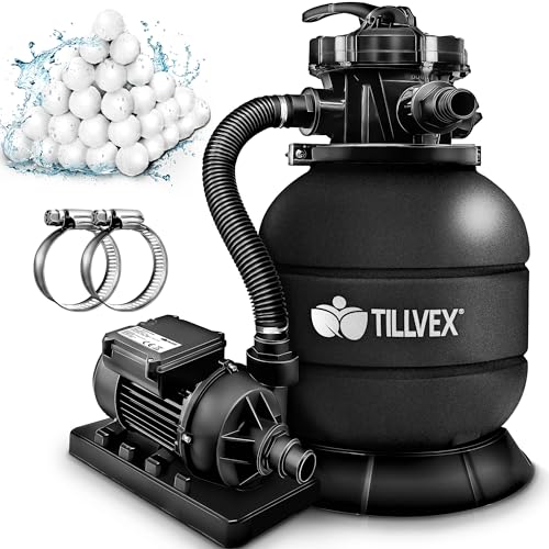 tillvex® Sandfilteranlage Pool 7.900L/h inkl. 400g Filterbälle | Filteranlage 7-Wege Ventil & 2in1 Adapter Ø32mm - 38mm | Poolfilter mit Druckanzeige | Sandfilter für Schwimmbecken (Schwarz) von tillvex