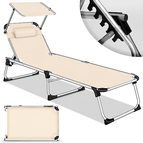 tillvex® Sonnenliege mit Dach und Kopfkissen | Gartenliege Liegestuhl klappbar | Strandliege mit Verstellbarer Rückenlehne | Aluminium Liege (Beige, Liege (Basic)) von tillvex