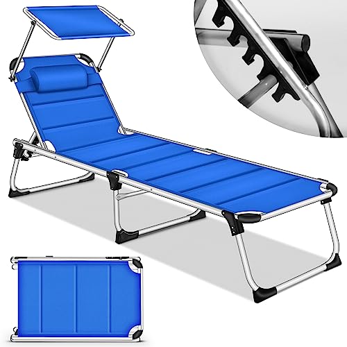 tillvex® Sonnenliege mit Dach und Kopfkissen | Gartenliege Liegestuhl klappbar | Strandliege mit Verstellbarer Rückenlehne | Aluminium Liege (Blau, Liege (mit Polster Premium)) von tillvex