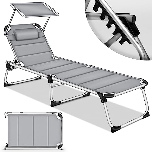 tillvex® Sonnenliege mit Dach und Kopfkissen | Gartenliege Liegestuhl klappbar | Strandliege mit Verstellbarer Rückenlehne | Aluminium Liege (Grau, Liege (mit Polster Premium)) von tillvex