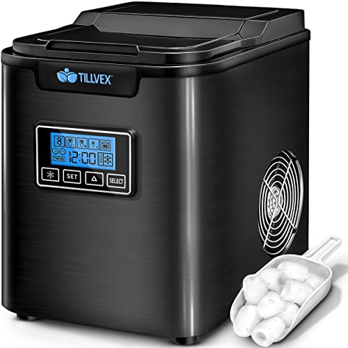 tillvex Eiswürfelmaschine Edelstahl 12 kg - 24 h | Eiswürfelbereiter mit Timer und 2,2 Liter Wassertank | Ice-Maker LCD-Display & Selbstreinigungsfunktion | 3 Eiswürfel Größen (Schwarz) von tillvex