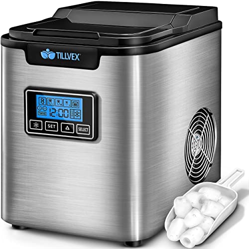 tillvex Eiswürfelmaschine Edelstahl 12 kg - 24 h | Eiswürfelbereiter mit Timer und 2,2 Liter Wassertank | Ice-Maker LCD-Display & Selbstreinigungsfunktion | 3 Eiswürfel Größen (Silber) von tillvex