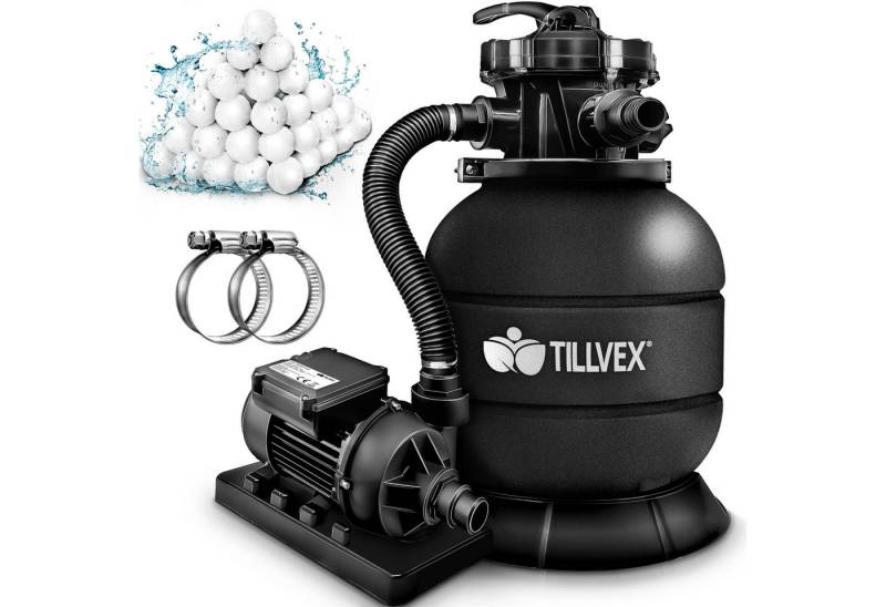 tillvex Sandfilteranlage Filteranlage 7.900L/h mit 400g Filterbällen + Pumpe Filter (Set), 7-Wege Ventil von tillvex