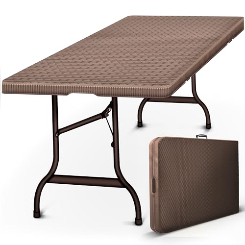 tillvex Gartentisch klappbar Rattan Optik 180x75cm | Buffettisch mit Tragegriff | Klapptisch für Garten Terrasse und Balkon | Campingtisch 6 Personen von tillvex