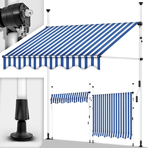 tillvex Klemmmarkise 150cm Blau-Weiß mit Handkurbel Balkon | Balkonmarkise ohne Bohren | Markise UV-beständig & höhenverstellbar | Sonnenschutz wasserdicht von tillvex
