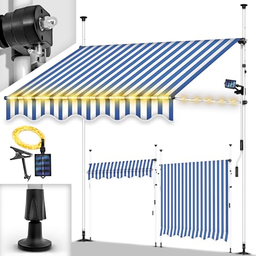 tillvex Klemmmarkise 150cm Blau-Weiß mit LED & Handkurbel Balkon | Balkonmarkise ohne Bohren | Markise UV-beständig & höhenverstellbar | Sonnenschutz wasserdicht von tillvex