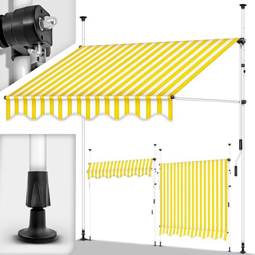 tillvex Klemmmarkise mit Handkurbel Balkon | Balkonmarkise ohne Bohren | Markise UV-beständig & höhenverstellbar | Sonnenschutz wasserdicht (Gelb-Weiß, 150cm) von tillvex