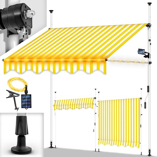 tillvex Klemmmarkise mit Handkurbel Balkon | Balkonmarkise ohne Bohren | Markise UV-beständig & höhenverstellbar | Sonnenschutz wasserdicht (Gelb-Weiß mit LED, 150cm) von tillvex