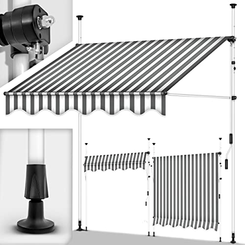 tillvex Klemmmarkise 150cm Grau-Weiß mit Handkurbel Balkon | Balkonmarkise ohne Bohren | Markise UV-beständig & höhenverstellbar | Sonnenschutz wasserdicht von tillvex