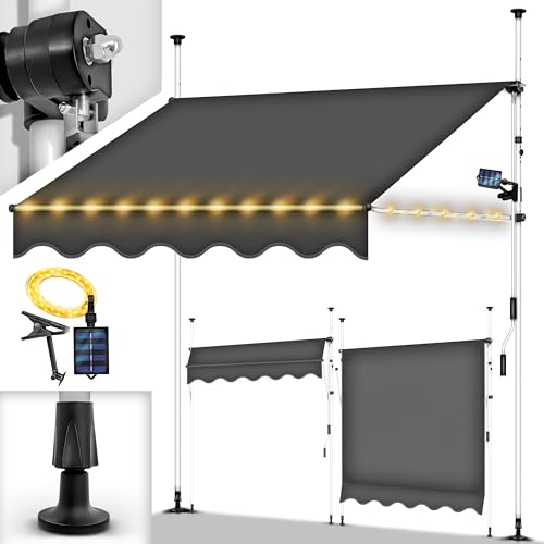 tillvex Klemmmarkise 150cm Grau mit LED & Handkurbel Balkon | Balkonmarkise ohne Bohren | Markise UV-beständig & höhenverstellbar | Sonnenschutz wasserdicht von tillvex