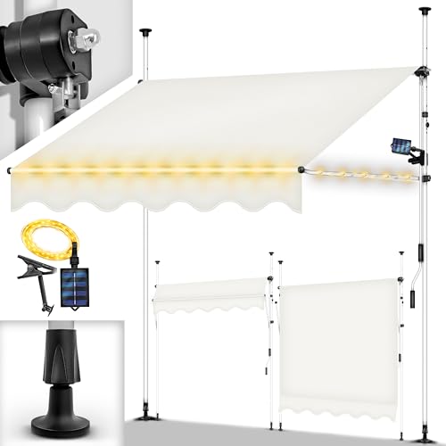 tillvex Klemmmarkise 200cm Beige mit LED & Handkurbel Balkon | Balkonmarkise ohne Bohren | Markise UV-beständig & höhenverstellbar | Sonnenschutz wasserdicht von tillvex