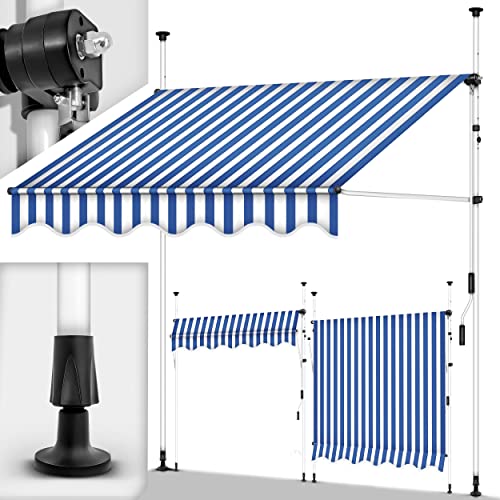 tillvex Klemmmarkise mit Handkurbel Balkon | Balkonmarkise ohne Bohren | Markise UV-beständig & höhenverstellbar | Sonnenschutz wasserdicht (Blau-Weiß, 250cm) von tillvex